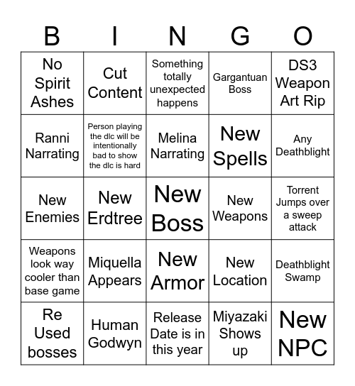 Elden Ring DLC Bingo Card Bingo Card