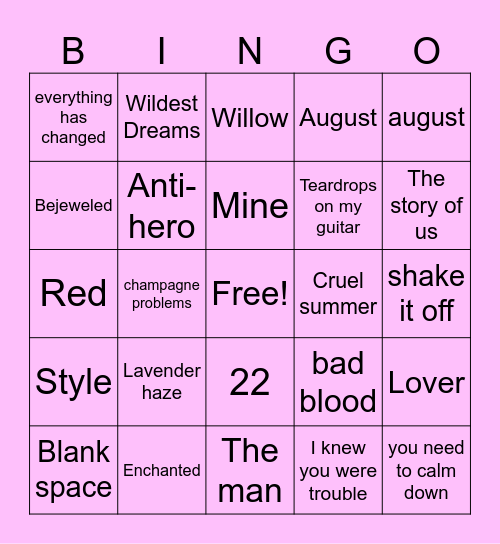 Taylor Swift Bingo Card