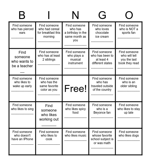 Find a Friend Bingo Card