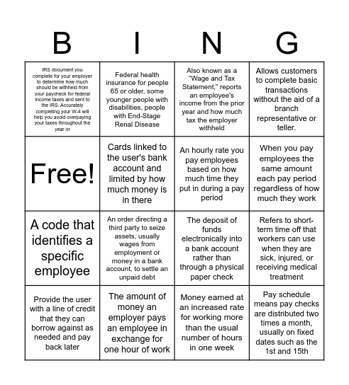 Pay Stub & Financial Vocab Bingo Card