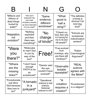 Creationist Bingo Card