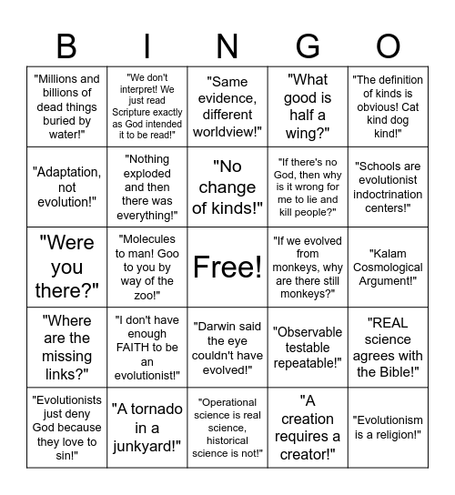 Creationist Bingo Card