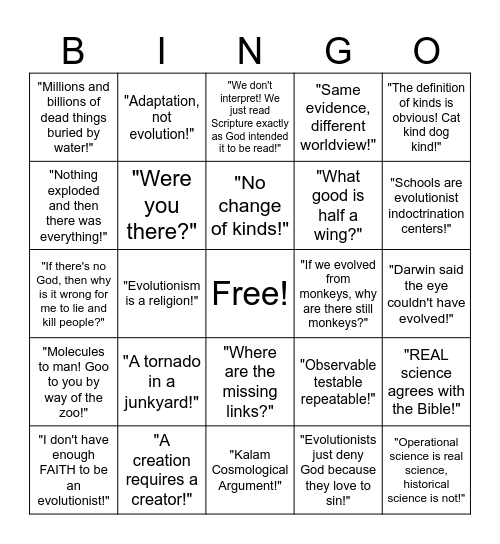 Creationist Bingo Card