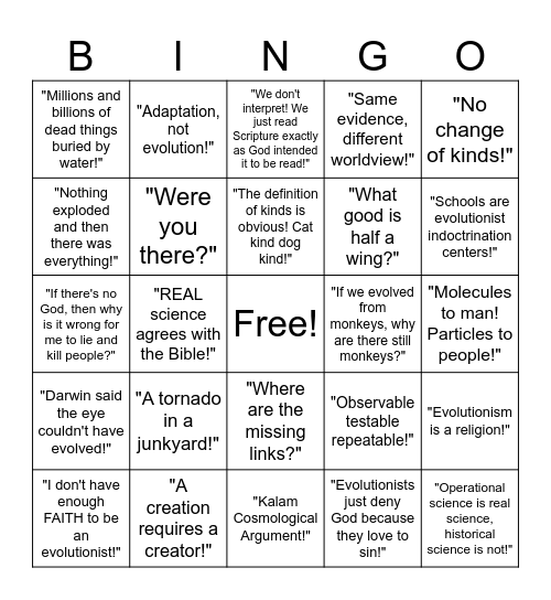 Creationist Bingo Card