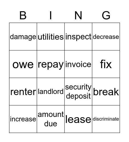 Unit 3 Housing Bingo Card