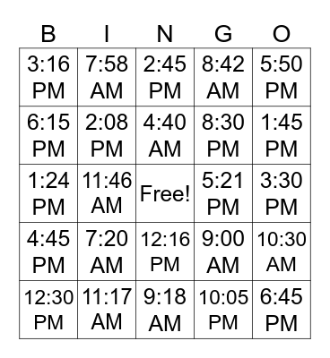 Elapsed Time BINGO Card