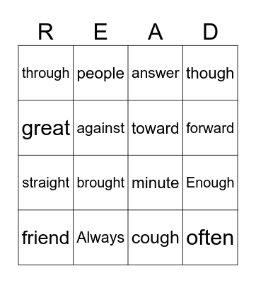 Sight Word Bingo Card