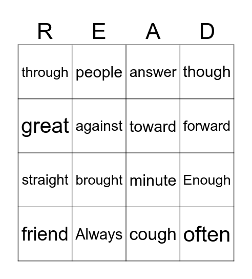 Sight Word Bingo Card