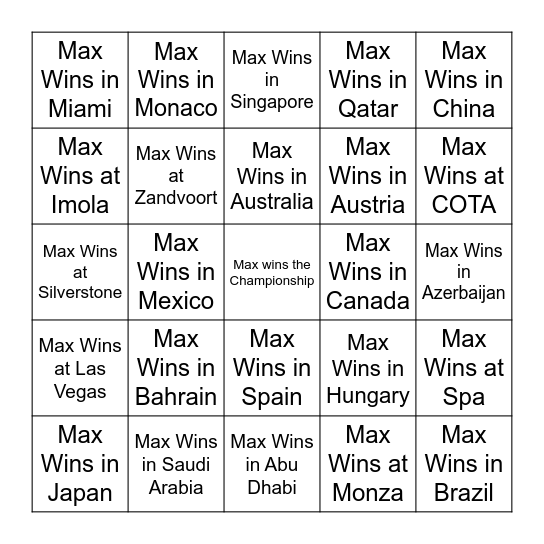 F1 2024 Bingo Card