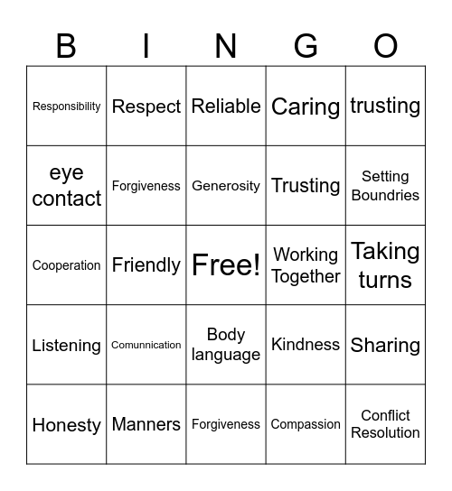 Social Skills Bingo Card