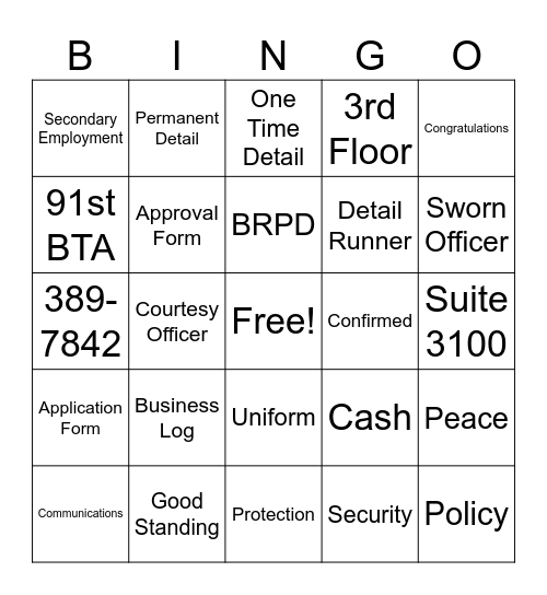 Extra Duty Bingo Card