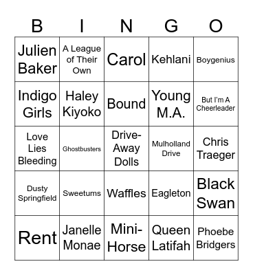 Sapphic Film, Parks & Rec, & LGBTQ+ Artists Bingo Card