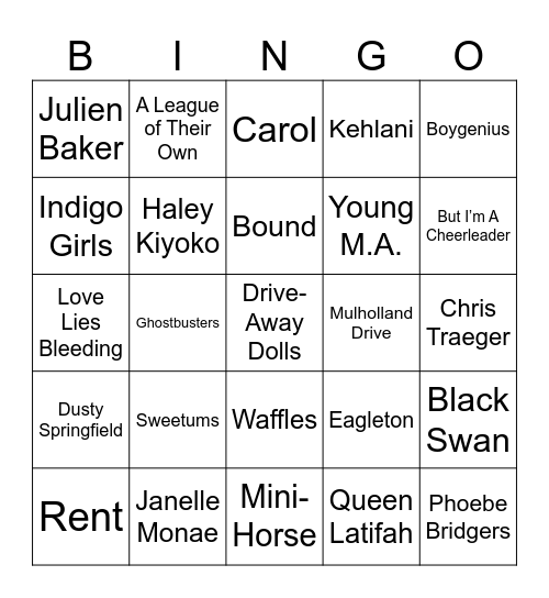 Sapphic Film, Parks & Rec, & LGBTQ+ Artists Bingo Card