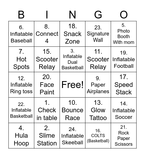 Mother Son Event Bingo Card