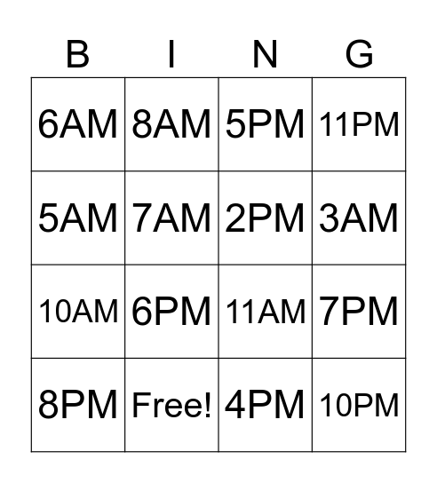 Digital Clock Bingo (Chapter 8) Bingo Card
