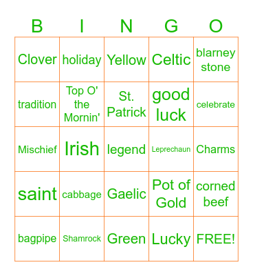 St Patrick's Day Bingo Card