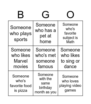 YOUR NAME: Bingo Card
