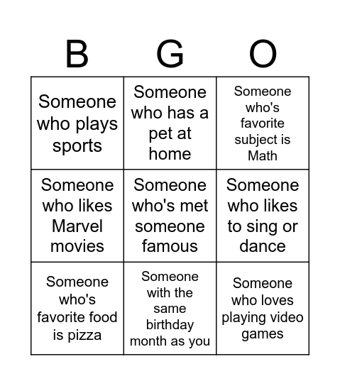 YOUR NAME: Bingo Card