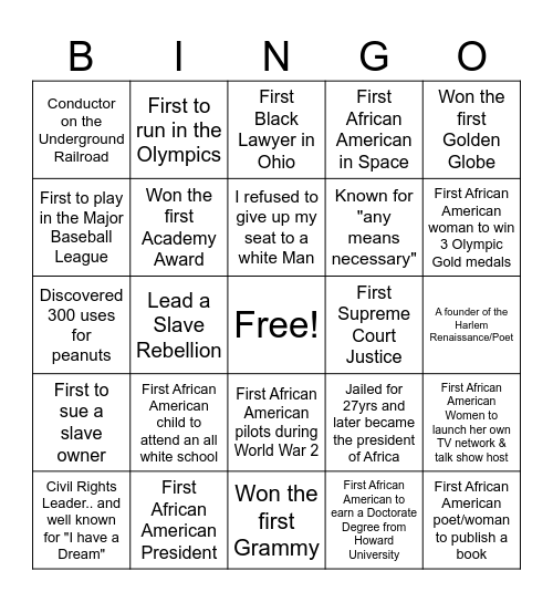 Who Am I? Black History Month Bingo Card