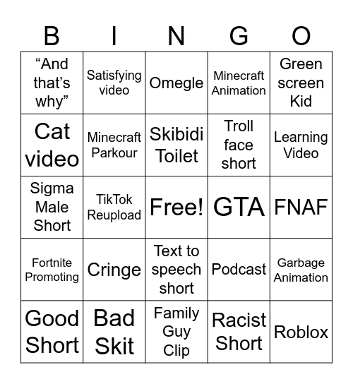 YouTube Shorts Bingo Card