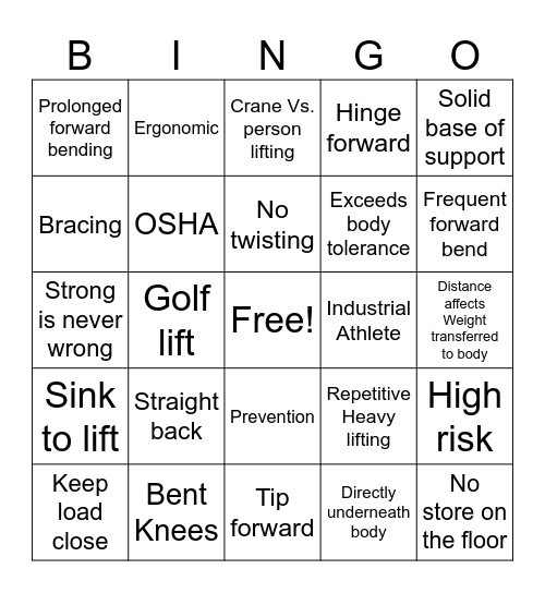 Back Injury Prevention Bingo Card