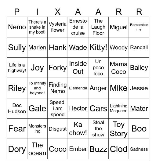 Pixar Bingo, Toy Story! Bingo Card