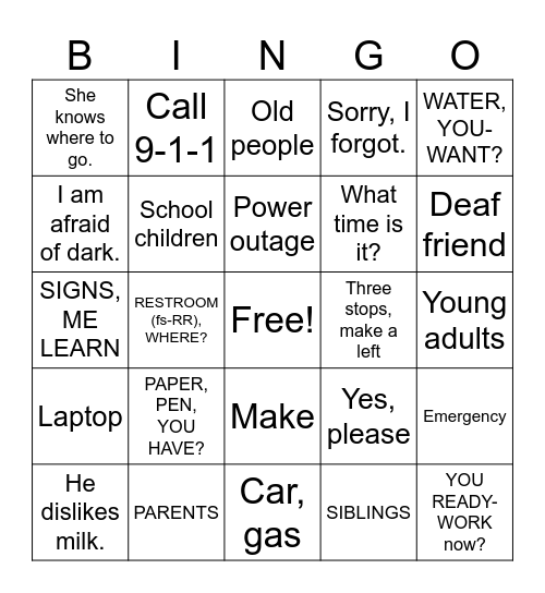 ASL 1 Review Bingo Card