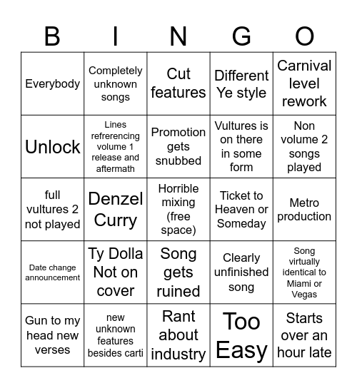 VULTURES 2 2.22.24 Bingo Card