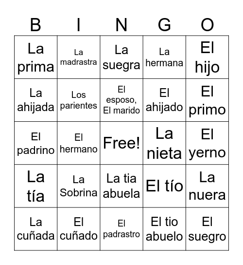 La Familia BINGO! Bingo Card