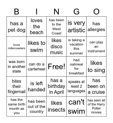 Find Someone Who Bingo Card