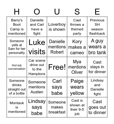 Summer House Season 7 Bingo Card