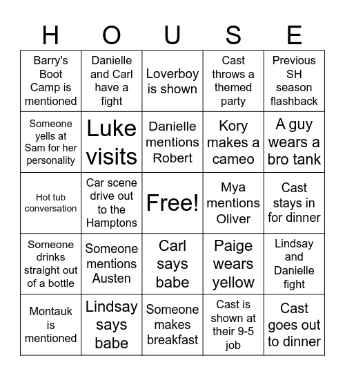 Summer House Season 7 Bingo Card