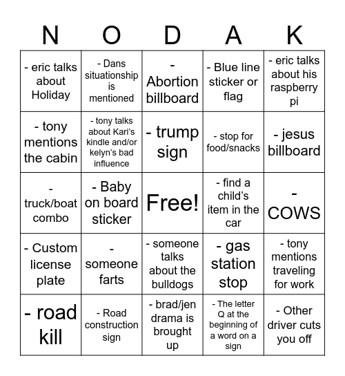 NoDak Car Ride Bingo Card