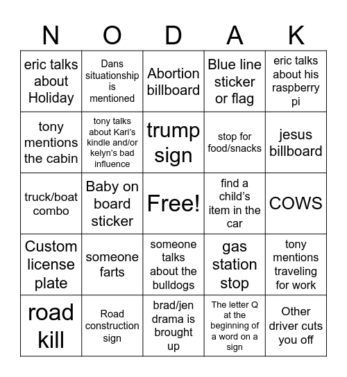 NoDak Car Ride Bingo Card