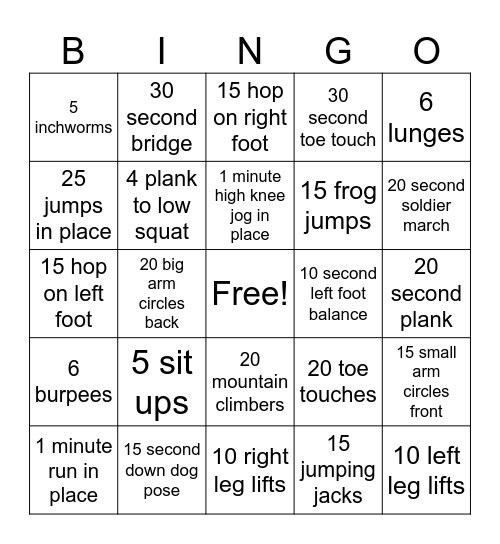 Elementary Fitness Bingo Card
