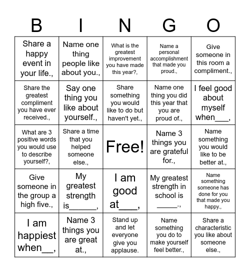 Self-Esteem Bingo Card
