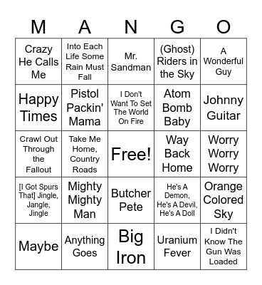 Fallout Bangers Bingo Card