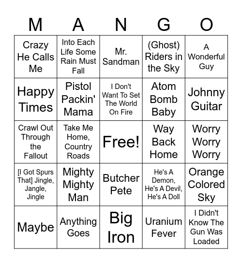 Fallout Bangers Bingo Card