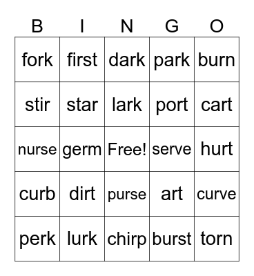 r controlled vowel BINGO Card