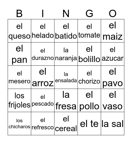 La Comida Bingo Card