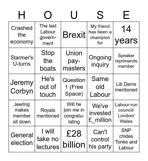 PMQs Bingo Card