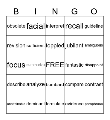 Vocabulary  Bingo Card