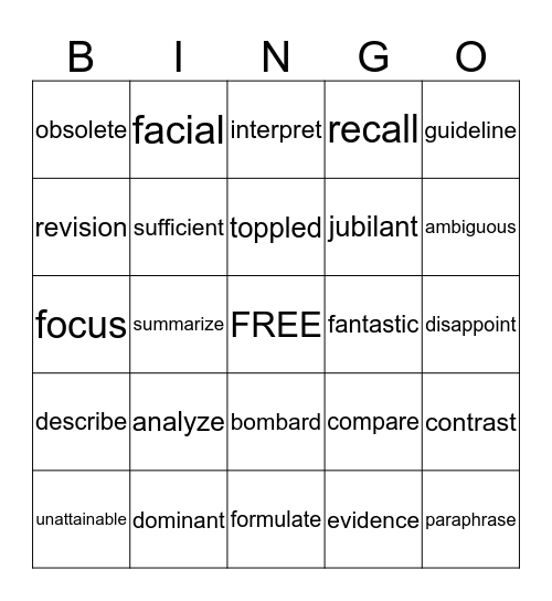 Vocabulary  Bingo Card