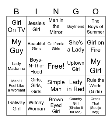 Girls v Boys Bingo Card
