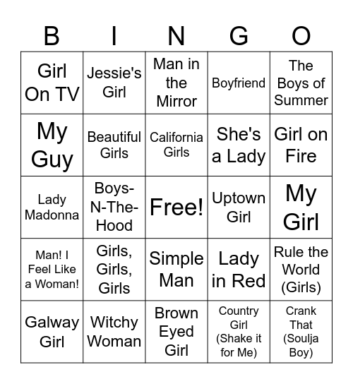 Girls v Boys Bingo Card