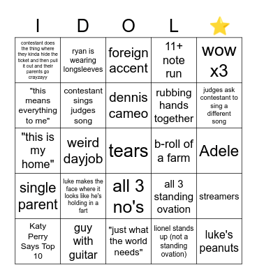 American Idol Bingo Card
