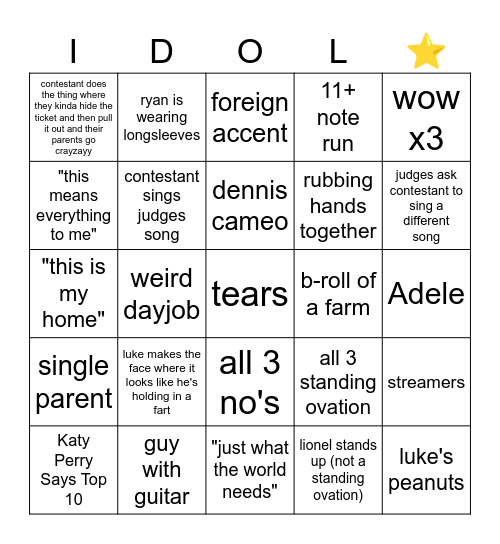 American Idol Bingo Card