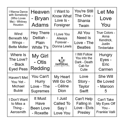 Love Songs Bingo Card