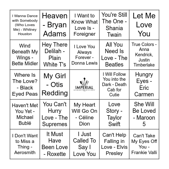 Love Songs Bingo Card