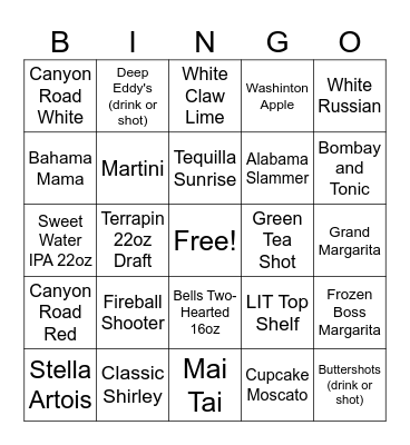 Bar Bingo Card